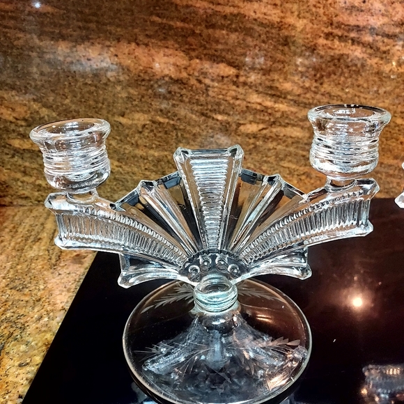 Vintage Art Deco Etched candle holder set of 2. - Picture 2 of 5